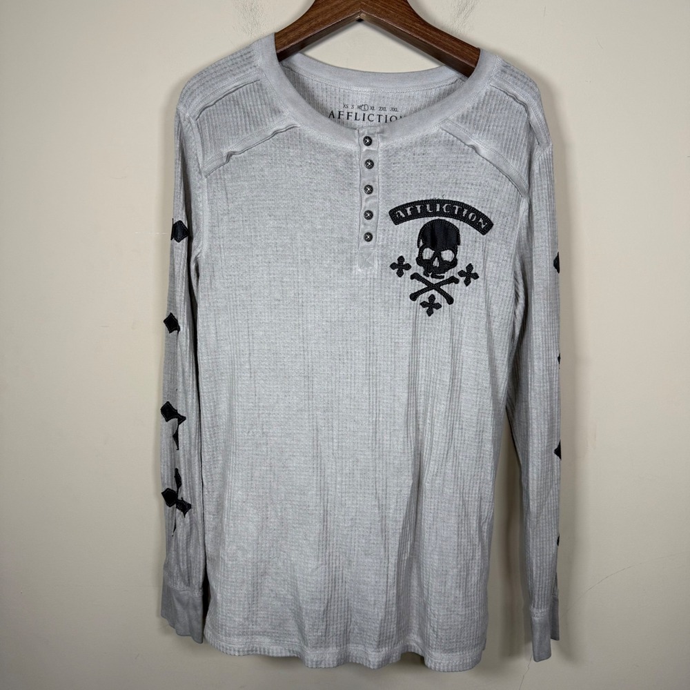 Affliction Grey Speed Kills Henley Thermal Cross Skull Graphics Large Shirt